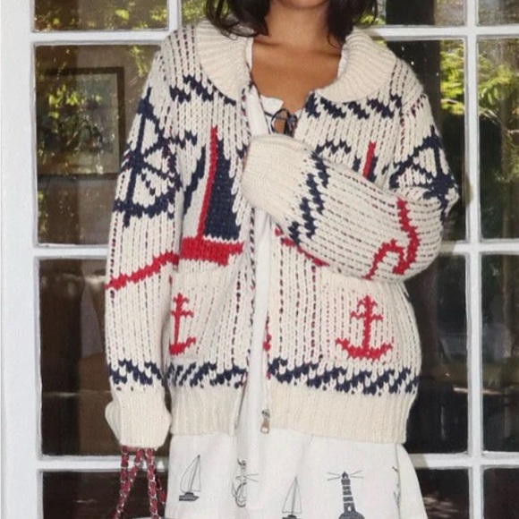 Bailey Rose Sweaters - Cream Nautical Anchor Knit Cardigan Sweater - Women